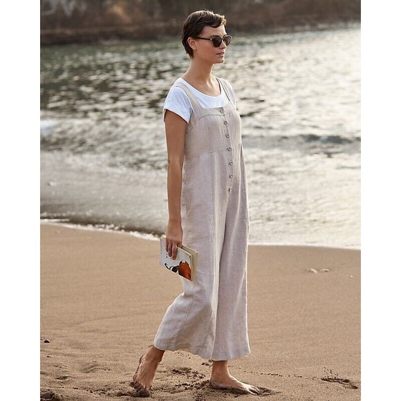 GARNET HILL Size 12 100% Linen Jumpsuit Overalls Relaxed Fit Sand Beige $169 - Picture 2 of 9